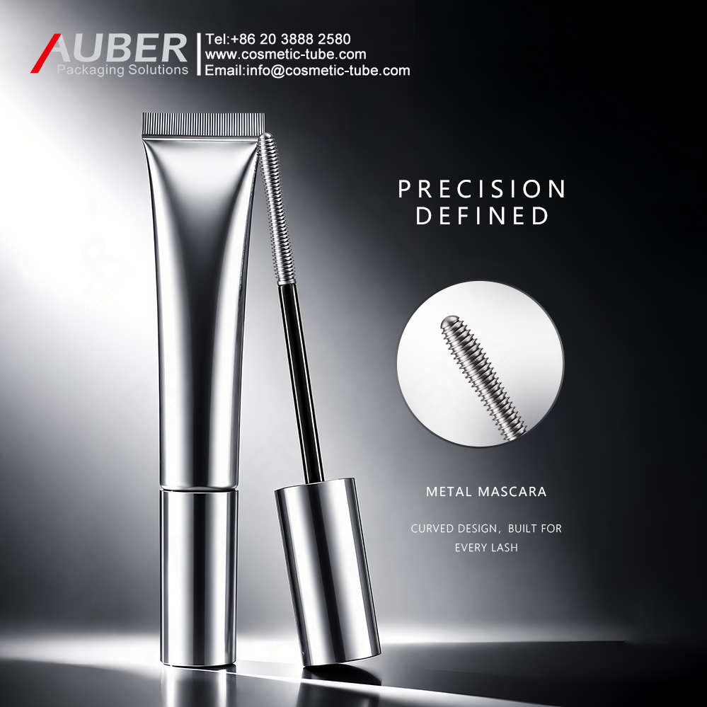 Auber metal mascara tube with precision curved wand