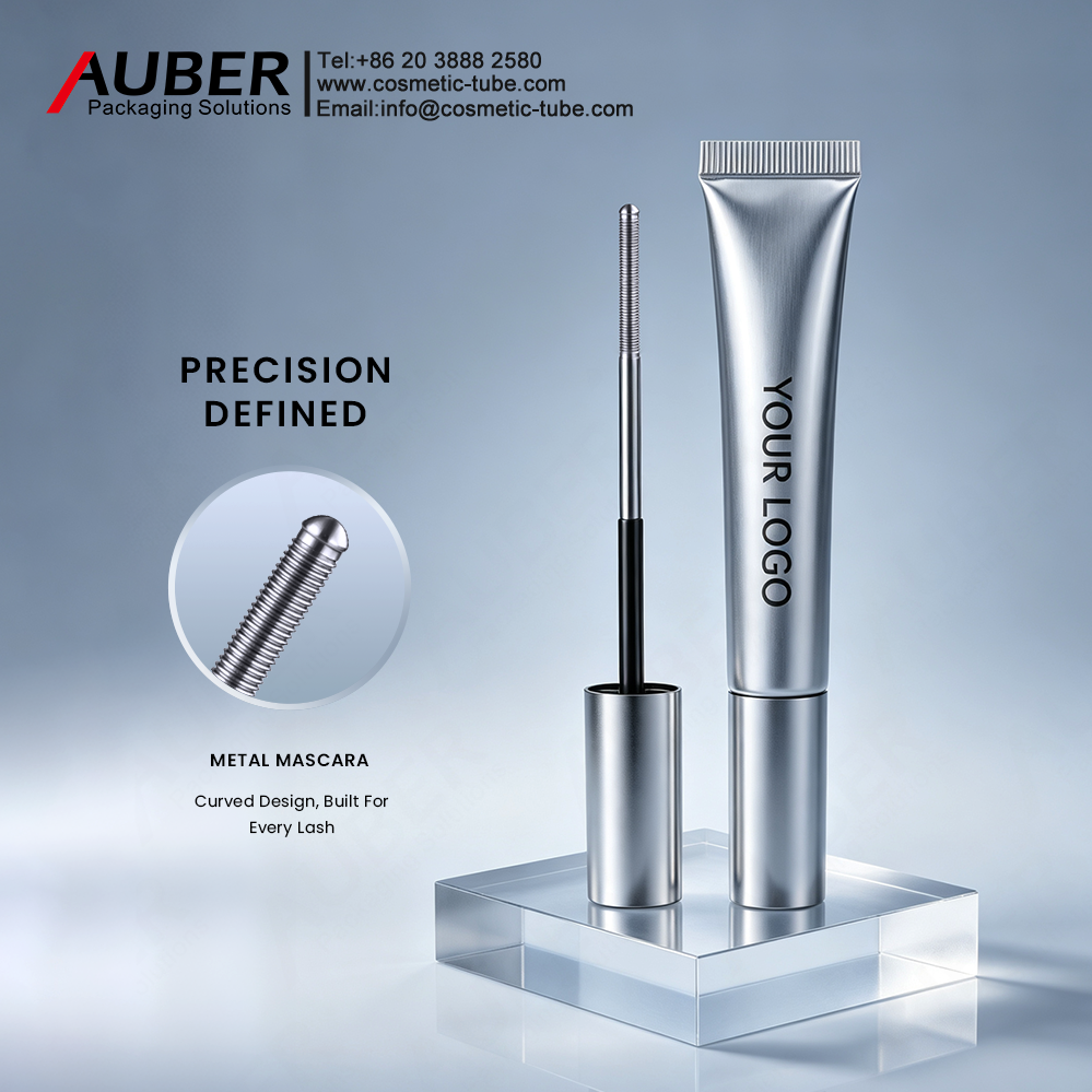 Auber metal mascara tube with precision curved applicator